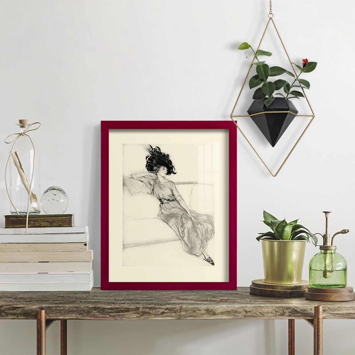 Feather Hat I -Framed Print w/glass-Cherry Red