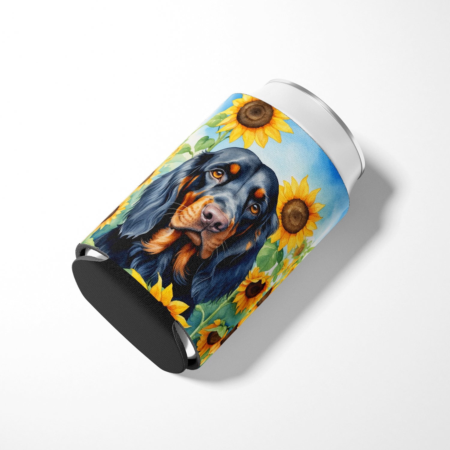 Gordon Setter in Sunflowers Can or Bottle Hugger 3 in x 5 in