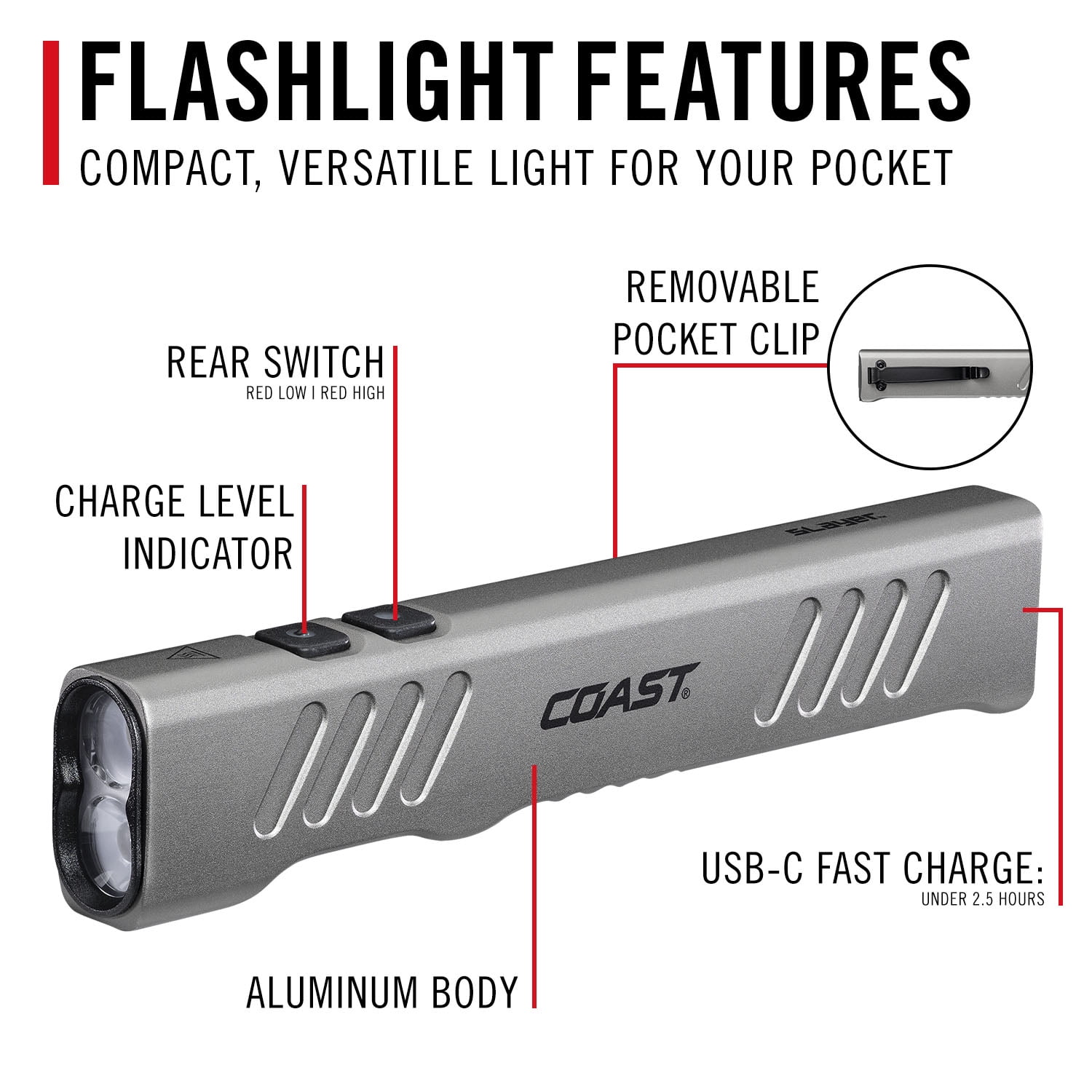 COAST SLAYER RED 1000 Lumen USB-C Rechargeable LED Flashlight