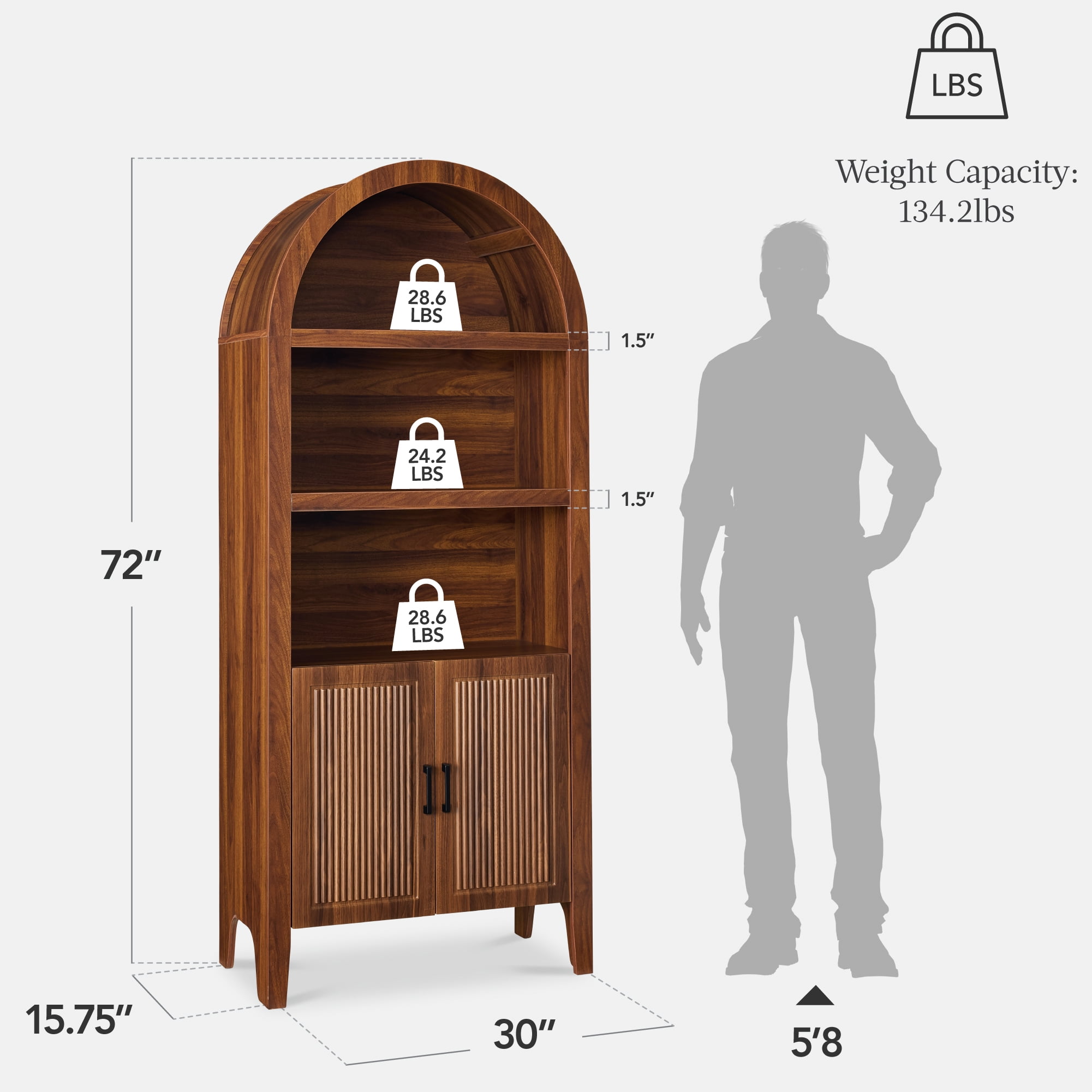 Best Choice Products 72" Tall Arched Pantry Cabinet w/ Doors, 5-Tier Storage Cabinet w/Adjustable Shelves - Walnut