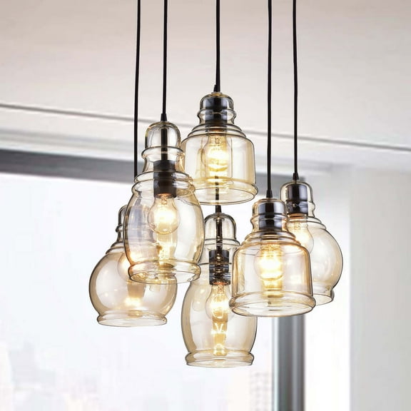The Lighting Store Mariana Cognac Glass Antique Black and Round Base 6-light Pendant