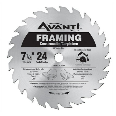 Freud Avanti 7-1/4 in. Dia. x 5/8 in. Carbide Tip Steel Framing Blade 24 teeth 1 pc.