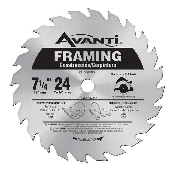 Freud Avanti 7-1/4 in. Dia. x 5/8 in. Carbide Tip Steel Framing Blade 24 teeth 1 pc.