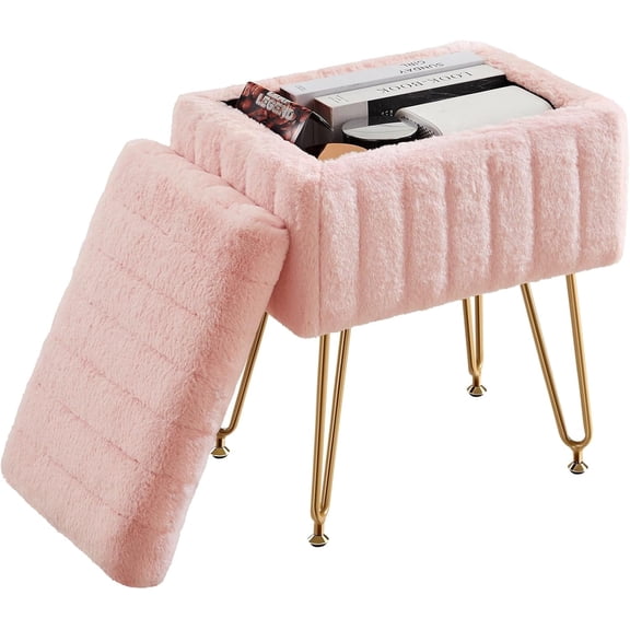 Casabay Vanity Stool Chair with Storage, Faux Fur Footstool Ottoman with Metal Legs & Anti-Slip Adjustable Feet for Bedroom, Entryway