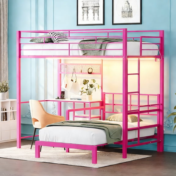 Ktaxon Twin over Twin Bunk Bed with Desk and Stoarge Drawers, Metal Loft Bed Frame, Pink