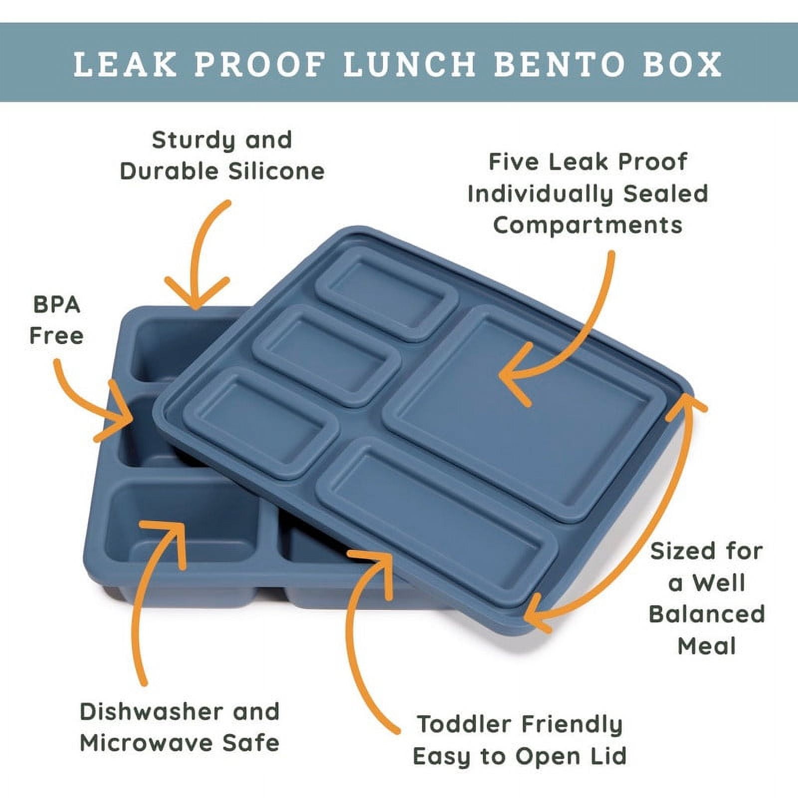 Austin Baby Co Bento Lunch Box for Toddler and Kids – Silicone Lunch Container with 5 Leak-Proof Compartments – Food-Safe Materials, Sturdy, Dishwasher Safe, and BPA Free (Newport Blue)