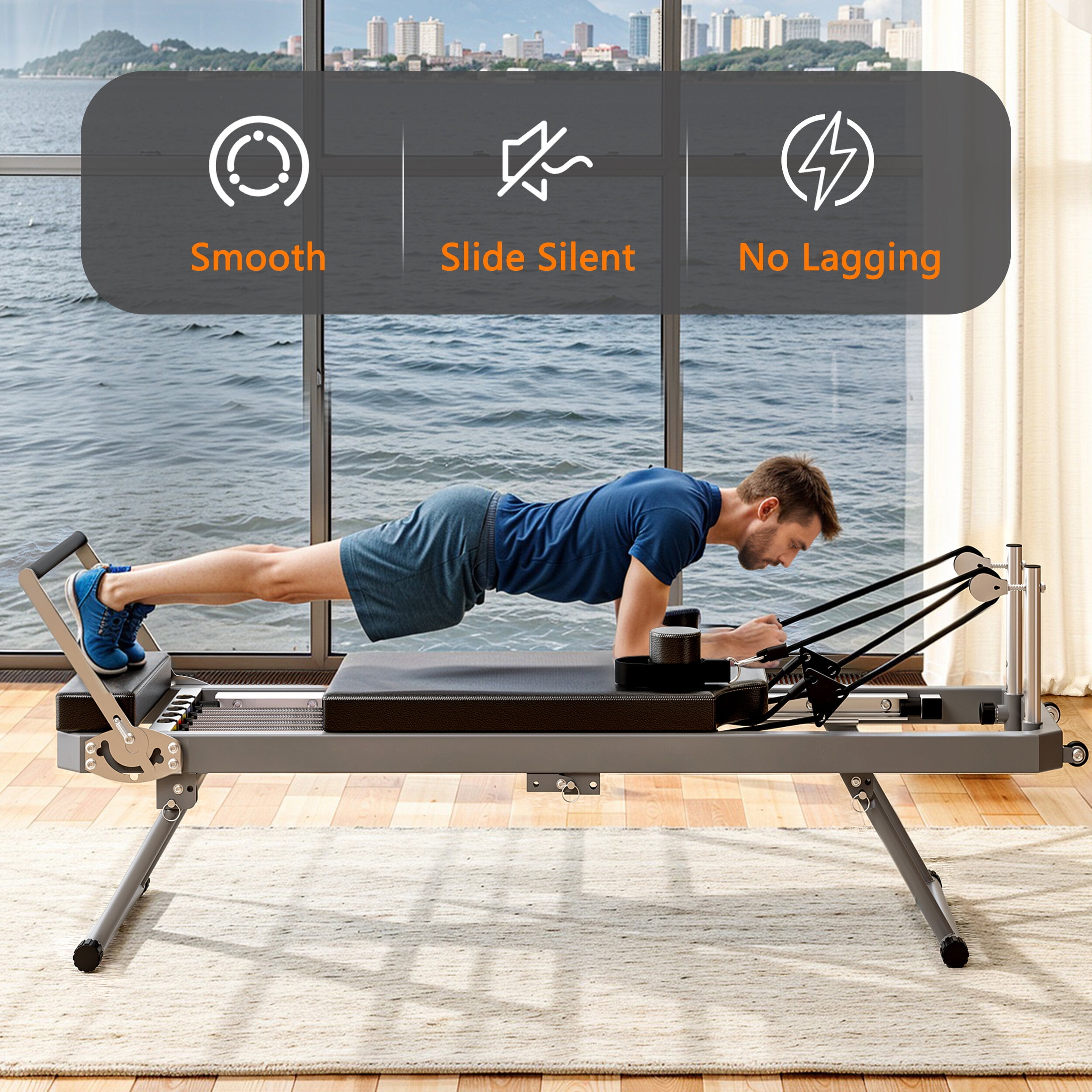 Exercise Equipment Extra Large Pilates Reformer - Multi-functional Home Fitness Equipment, 395lbs Capacity, with Dynamic Resistance Cords and Aerobic Rebounder, Improves Posture, Builds Strength, Red