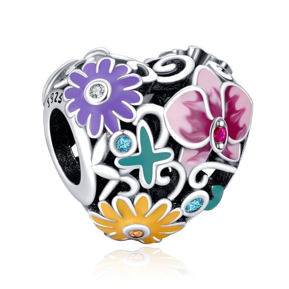 ROSIANNA 925 Sterling Silver Clear Flowers Heart Charm