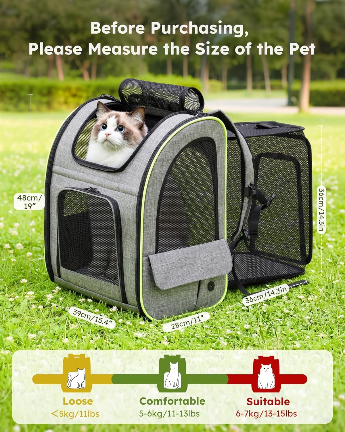 Cat Backpack Carrier XL, Expandable Pet Backpack for Cats & Small Dogs Up to 15lbs, with 4-Side Breathable Mesh, Multi-Entry & Lockable Zippers for Travel, Hiking, Camping - Hands Free, Gray