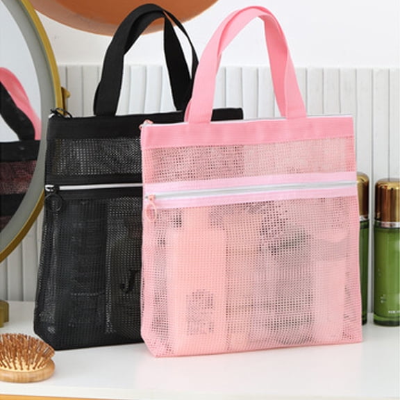 Pink Mesh Beach Bag Tote | Zipper Closure | Lightweight Polyester | Sand-Proof, Washable, Foldable | 26x24x6cm Travel, Pool, Swim, Tote Storage Organizer