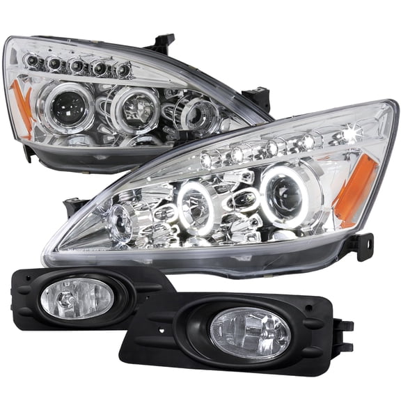 Spec-D Tuning Chrome Halo LED Projector Headlights Clear Bumper Fog Lights Compatible with 2006-2007 Honda Accord 4Dr Left Right Pair Headlamps Assembly