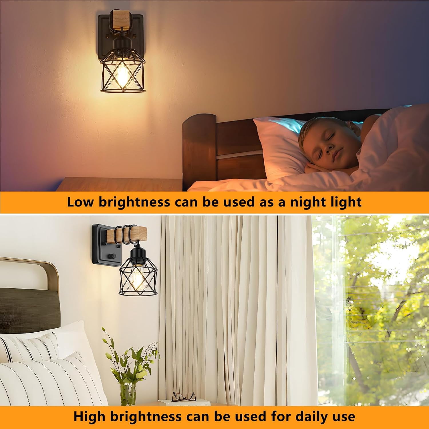 Dimmable Wall Sconces with Rotary Switch Set of 2 Wall Lights Wall Mounted Lamp Wooden Bathroom Light Fixtures with Metal Cage Hardwired Farmhouse Wall Lights for Bedroom Living Room
