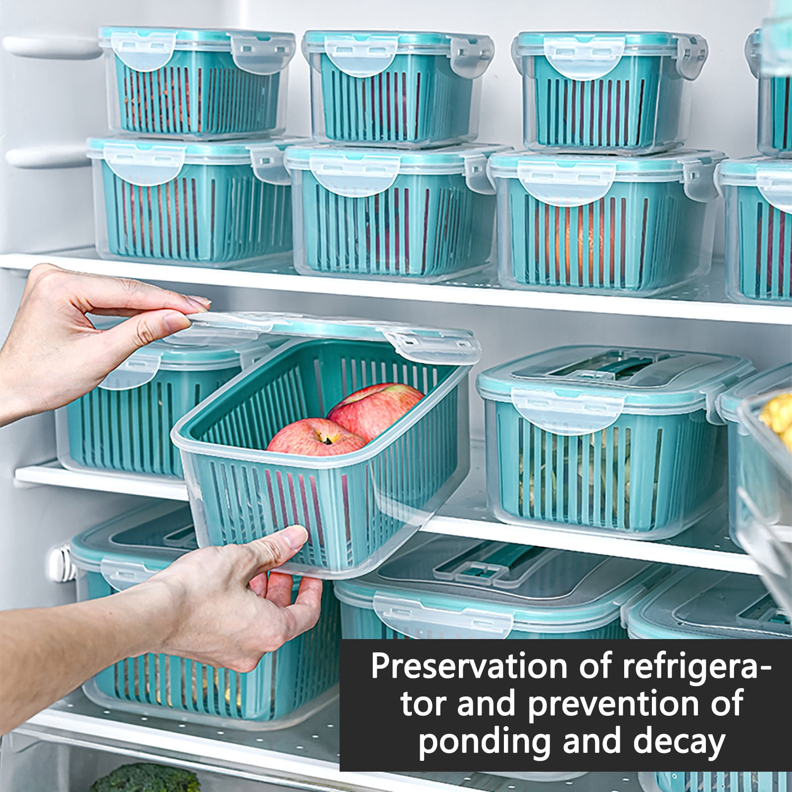 OAVQHLG3B 5 Pack Plastic Food Storage Containers, Fresh Vegetable Fruit Storage Containers for Refrigerator, Kitchen Produce Container with a Draining Basket, BPA Free