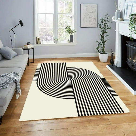 Black And White Minimalist Arch Lines Art Decor Area Rug Ultra Soft Mid Century Modern Rugs For Living Diningroom Boho Bedroom Carpet Indoor Rugs 4x6ft