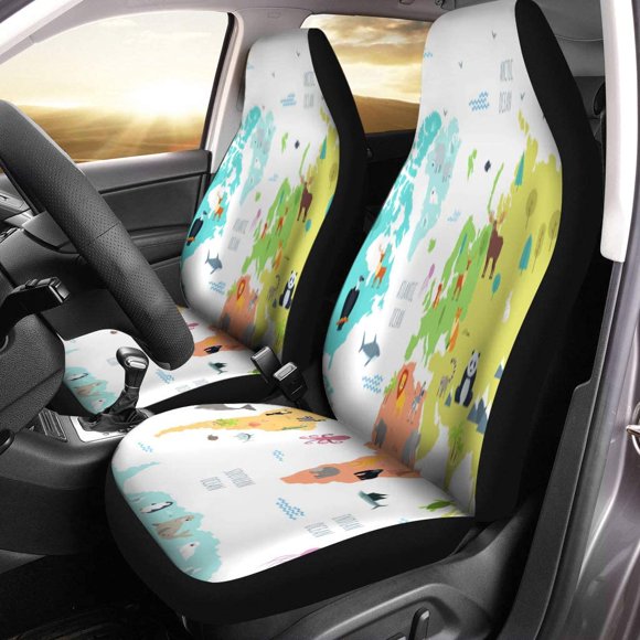 RYLABLUE Set of 2 Car Seat Covers World Map Wild Living on Various Continents Oceans Universal Auto Front Seats Protector Fits for Car,SUV Sedan,Truck