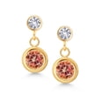 thumbnail image 2 of Gem Stone King 14K Yellow Gold Ecstasy Mystic Topaz and White Created Sapphire Two Stone Bezel Dangle Earrings for Women (2.26 Cttw, Gemstone November Birthstone, Round 5MM and 3MM), 2 of 4