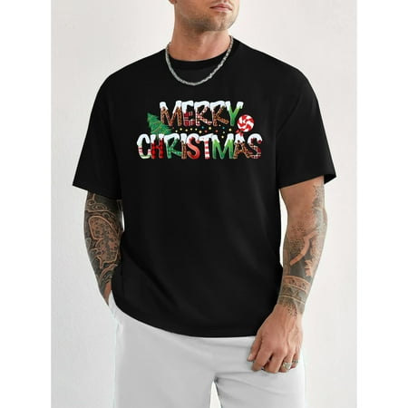 Christmas Tree Alphabet Design T Shirt Mens Short Sleeve Graphic Tees Summer Comfort Top Black S-5XL