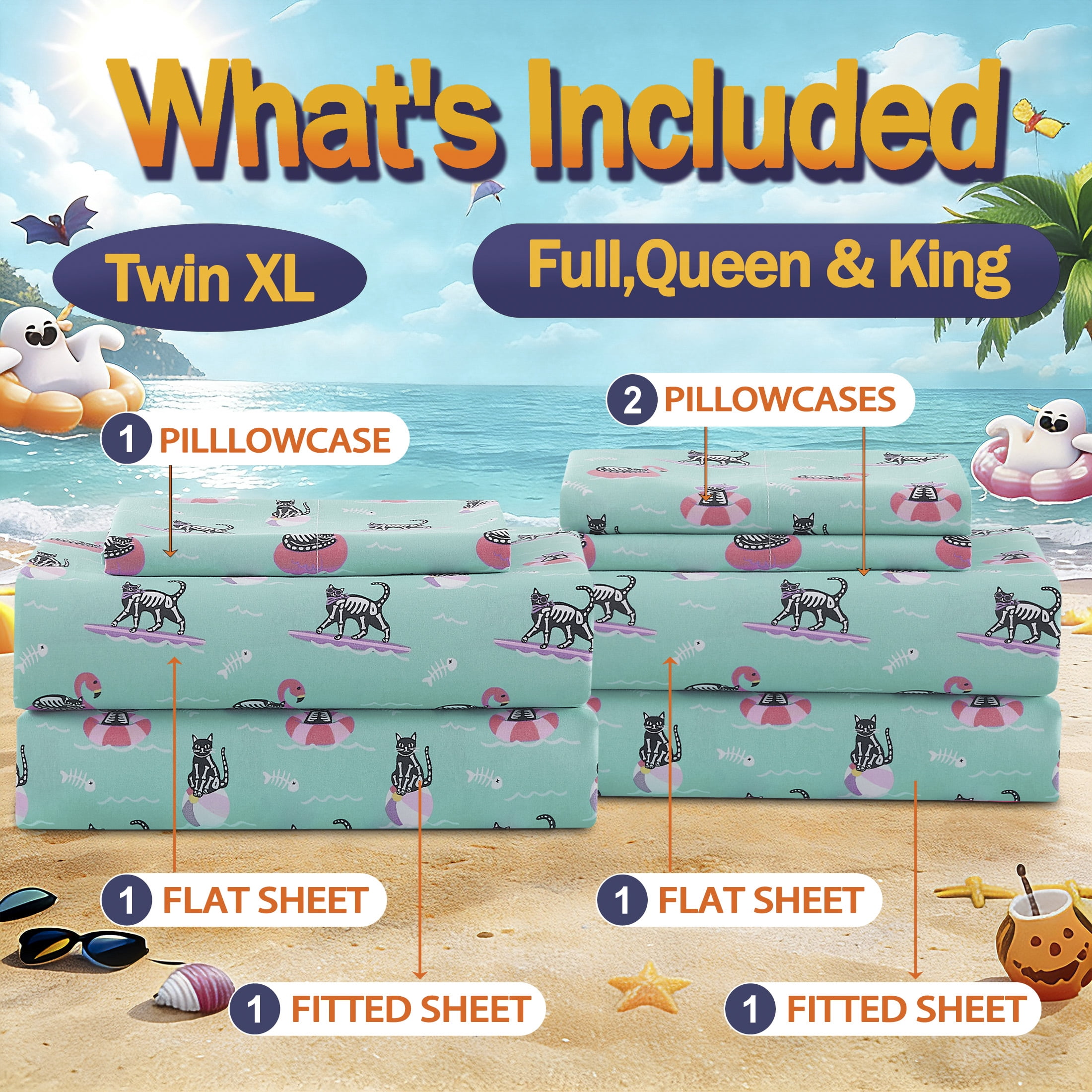 Summerween Soft Microfiber Sheet Set, Skeleton Cats, Full