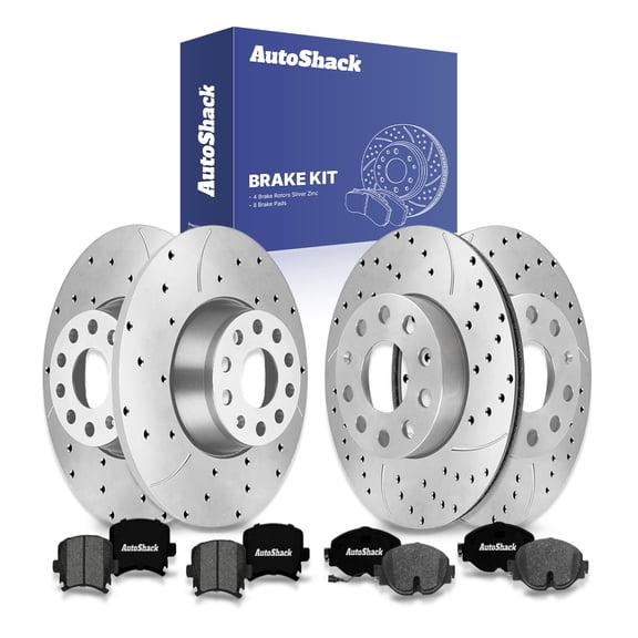 AutoShack Front Vented & Rear Solid Drilled & Slotted Silver Zinc Coated Brake Rotors   Premium Ceramic Pads 12-PC Brake Kit Replacement for 2019-2021 Volkswagen GTI SilverShield Pro