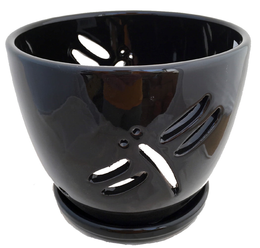 Dragonfly Black Ceramic Orchid Pot and Saucer + Felt Feet5 1/2" x 5 1/