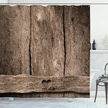 Primitive Country Decor Shower Curtain, Love Themed Romantic Cute Heart Shape on Rustic Rough Wooden Slats Image, Fabric Bathroom Set with Hooks, 69W X 70L Inches, Umber, by Ambesonne