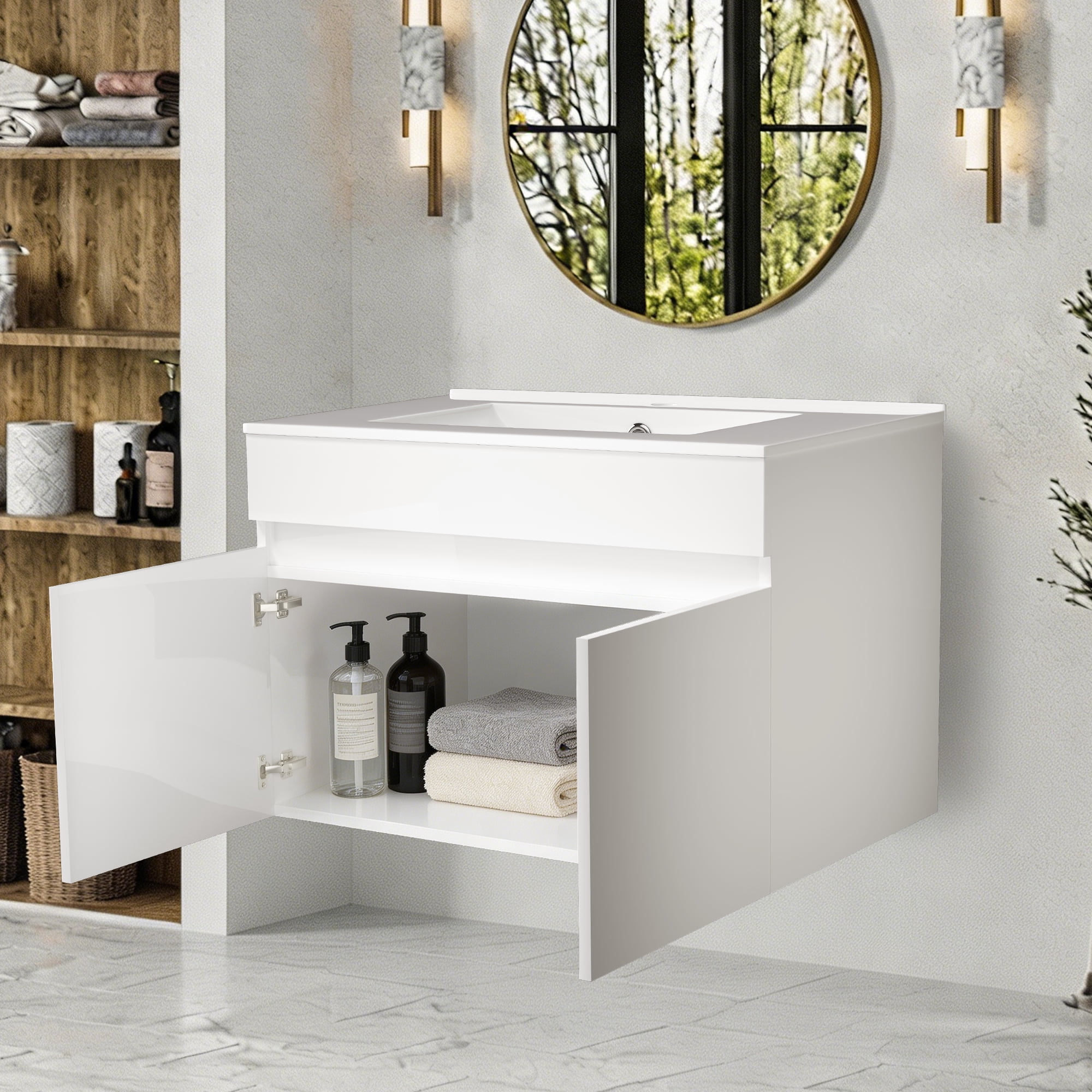 Ainfox 30" W Wall Mounted Bathroom Vanity with Ceramic Top and Sink, Storage Cabinet