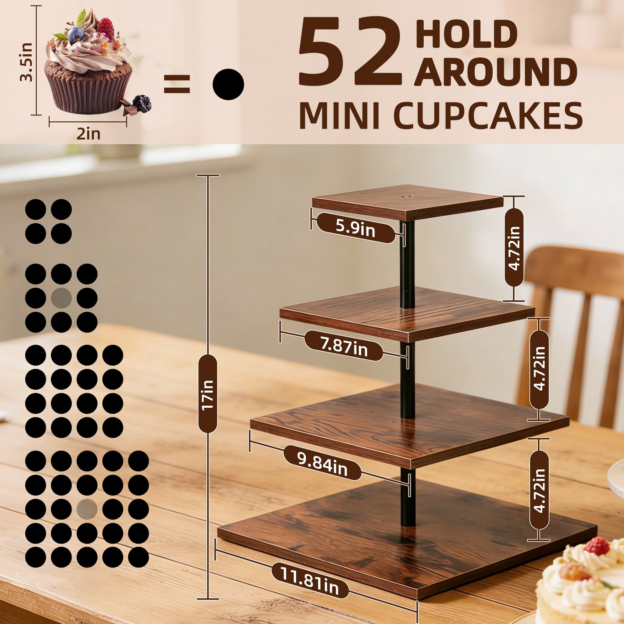 MOJINO 4 Tier Wooden Cupcake Stand for 50 Cupcakes, 360° Rotating Square Dessert Tower, Rustic Tiered Tray Serving Display for Wedding, Birthday, Baby Shower