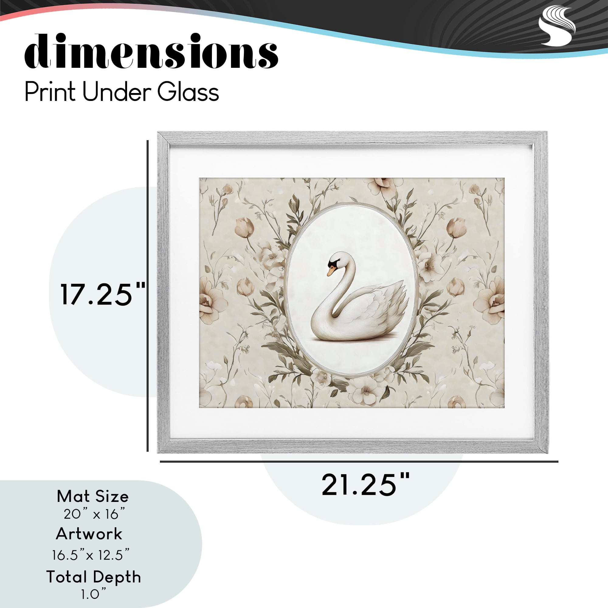Stupell Industries Swan Vignette in Floral Border Gray Framed Print Under Glass, design by Arlington Prints