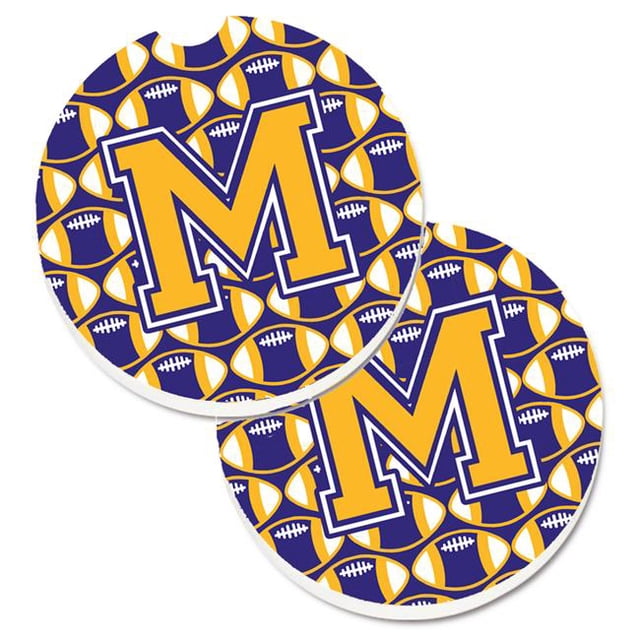 Letter M Football Purple & Gold Set of 2 Cup Holder Car Coaster