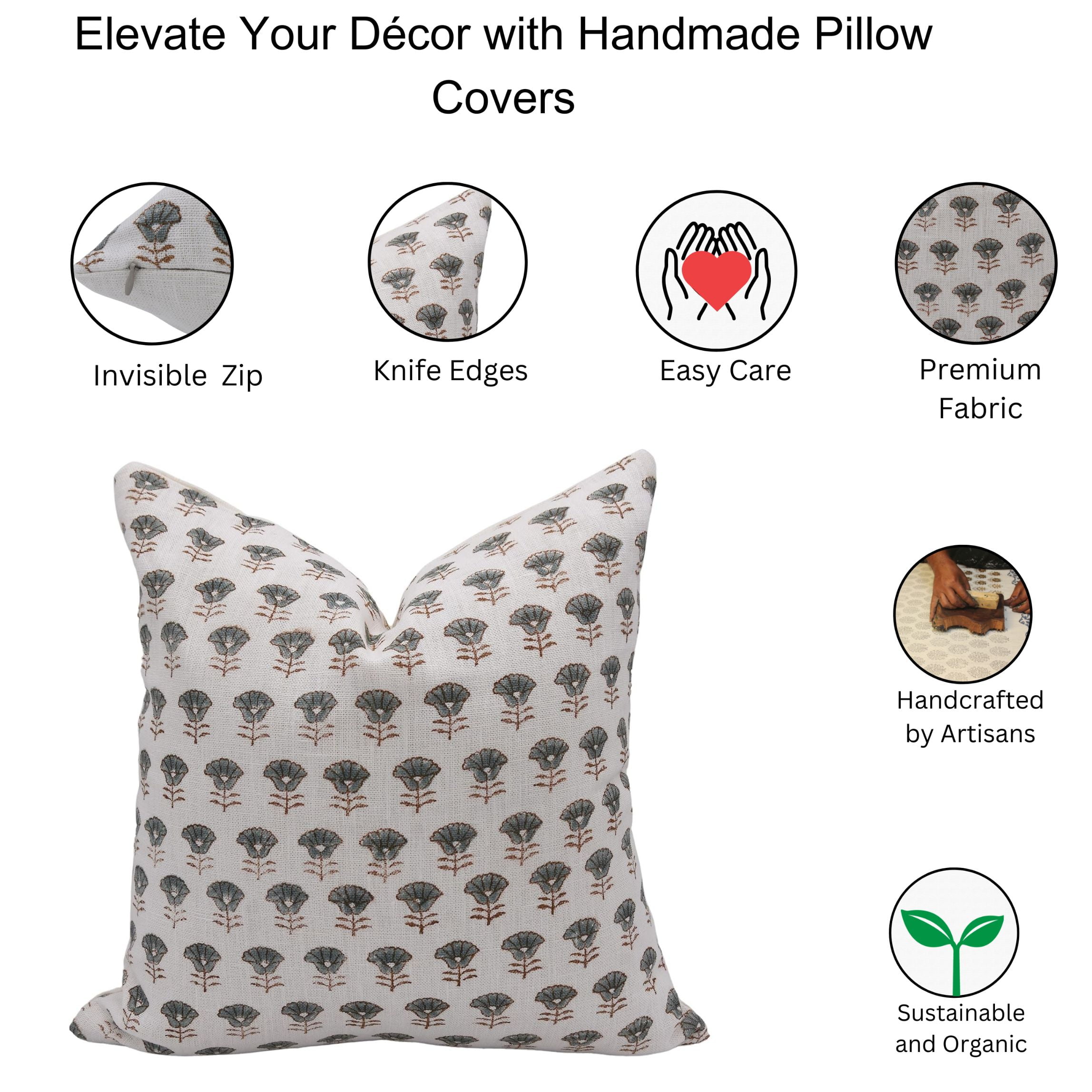 Fabdivine Handmade Block Print Off White Linen Throw Pillow Cover 14x14 Accent Cushion Sofa