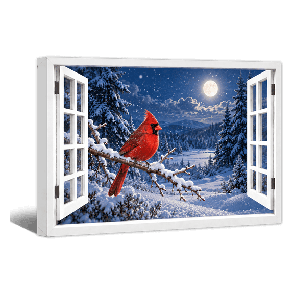 Scarlet Cardinal Window Canvas Wall Art Christmas Moonlit Pines Prints, Charming Woodland Artwork Paintings for Living Room Bedroom Home Wall Decor