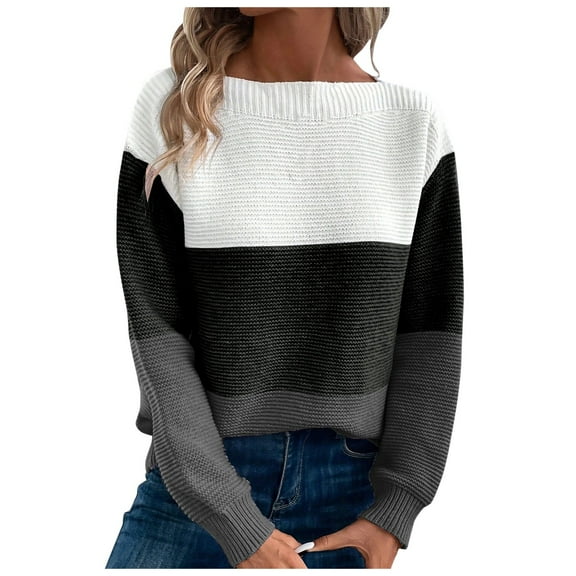 Women's Sweater Stripe Patchwork Long Sleeve Crew Neck Loose Fit Warm Pullover Tops