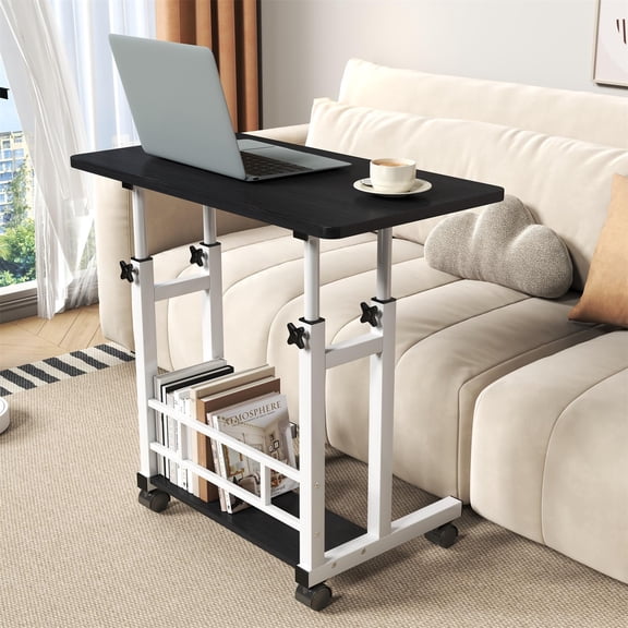 Small Portable Standing Desk, Adjustable Height Mobile Laptop Computer Workstation with Lockable Wheels, 31.5" x 15.75" Rolling Sit Stand Desk with Storage Basket for Home Office, Bedroom, Black