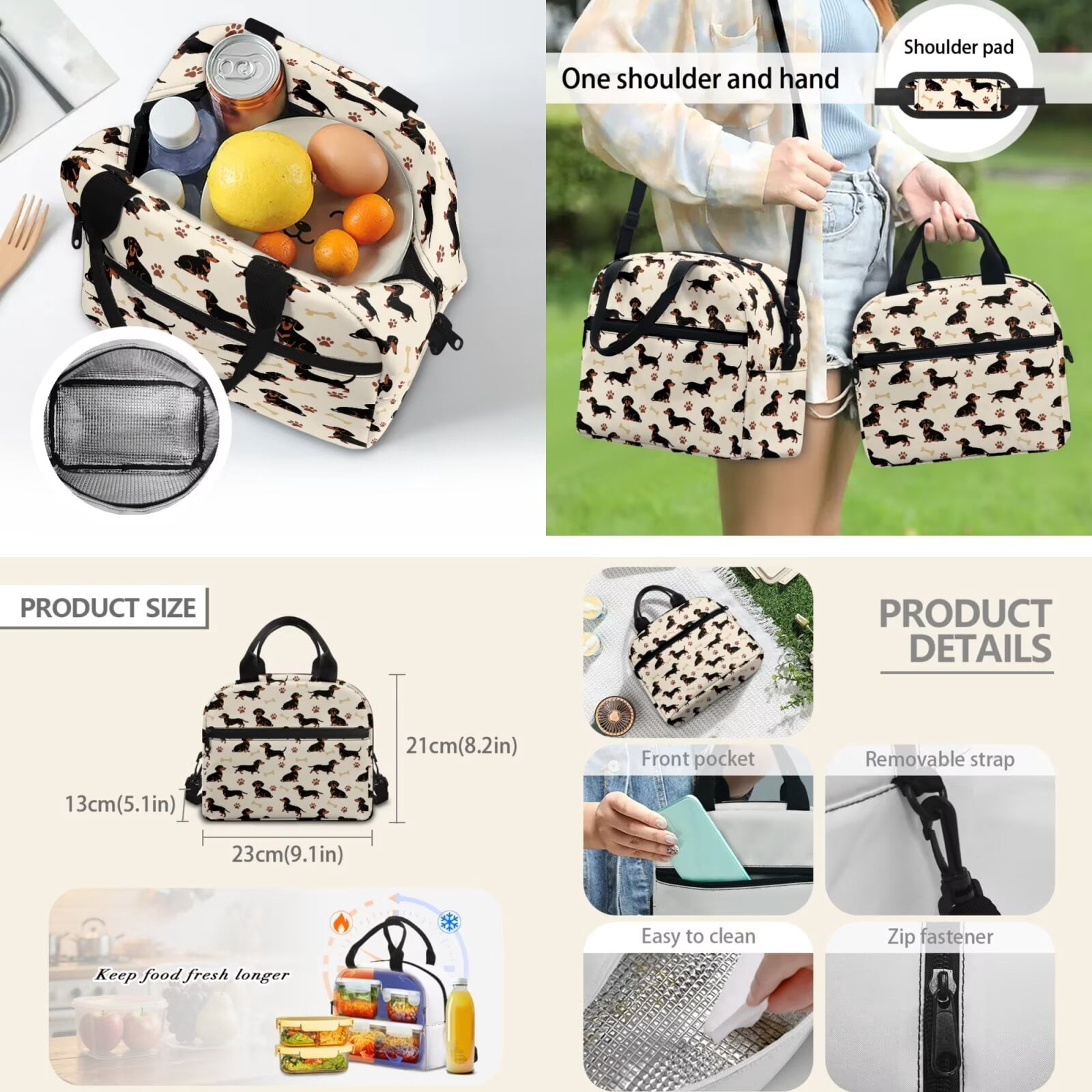Pzuqiu Cute Dachshund 4 Piece School Backpack Set with Lunch Box Pencil Case Kawaii Backpacks for School Girls with Adjustable Shoulder Strap Large Capacity Student Bag for Teens