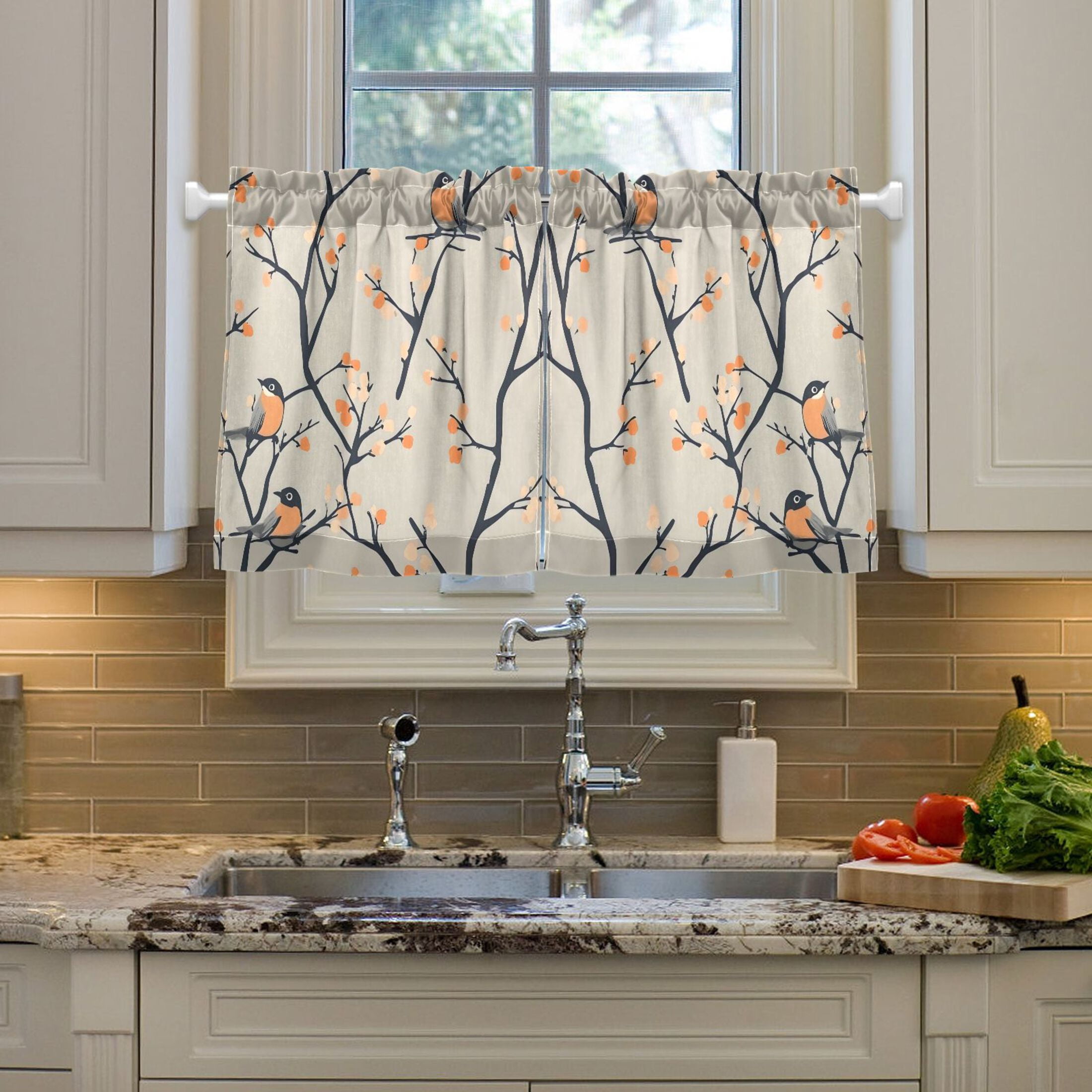Linen Kitchen Curtains Birds on Branches Pattern Tier Curtains Tier Kitchen Living Room Bedroom Balcony 2 Panels 27x36 Inch