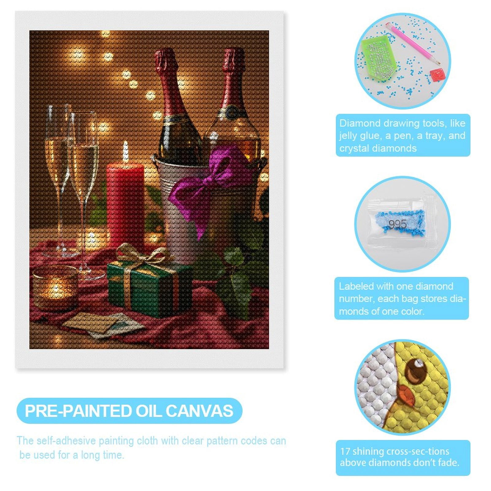 Diamond Art Kits for Adults, Celebration Champagne Candle Decor 5D Diamond Painting Kits for Adults Beginners, DIY Full Drill Diamond Painting, Gem Art and Crafts 12x16