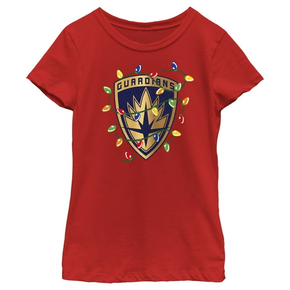 Girl's Guardians of the Galaxy Holiday Special Christmas Lights Badge  Graphic Tee Red Small