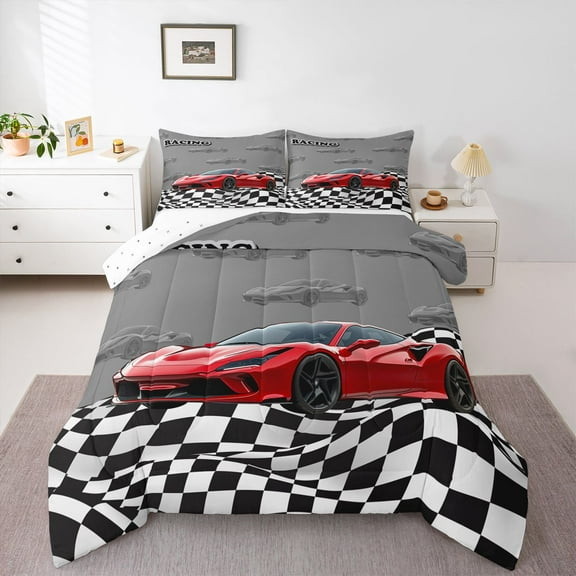 Homewish Red Racing Car Bedding Comforter Set,Checkerboard Race Flag Twin Comforter Sets,Red Gray Black Bedding Set For Boys Kids,Ultra Soft Home Decor Reversible,2-Piece