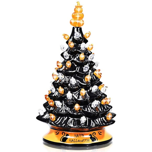 Hand-Painted Black Christmas Tree, 15 inch Battery Powered Tabletop Ceramic Halloween Xmas Decor, with 12 Built-in Lights, Forever Lighted Holiday Centerpiece