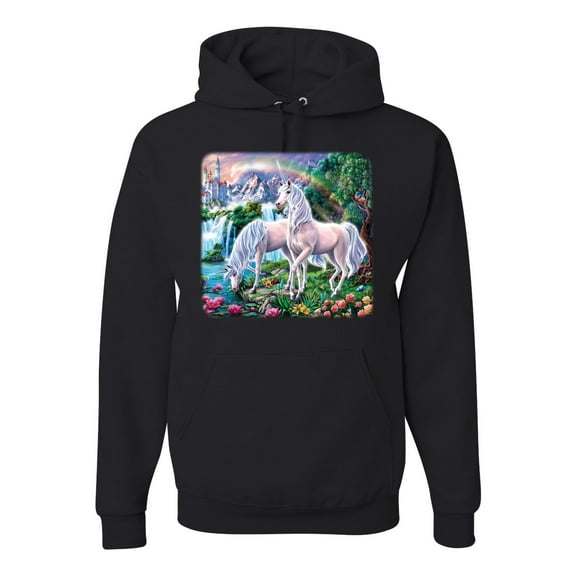 Unicorn Fanstasy Island Castle Animal Lover Unisex Graphic Hoodie Sweatshirt, Black, Small