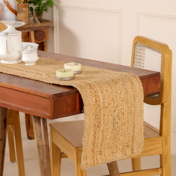 DecorAvenue Hand-Braided and Textured Natural Jute Table Runner Accent for Dining Room Kitchen Table Decor Natural Color 13x36 inches