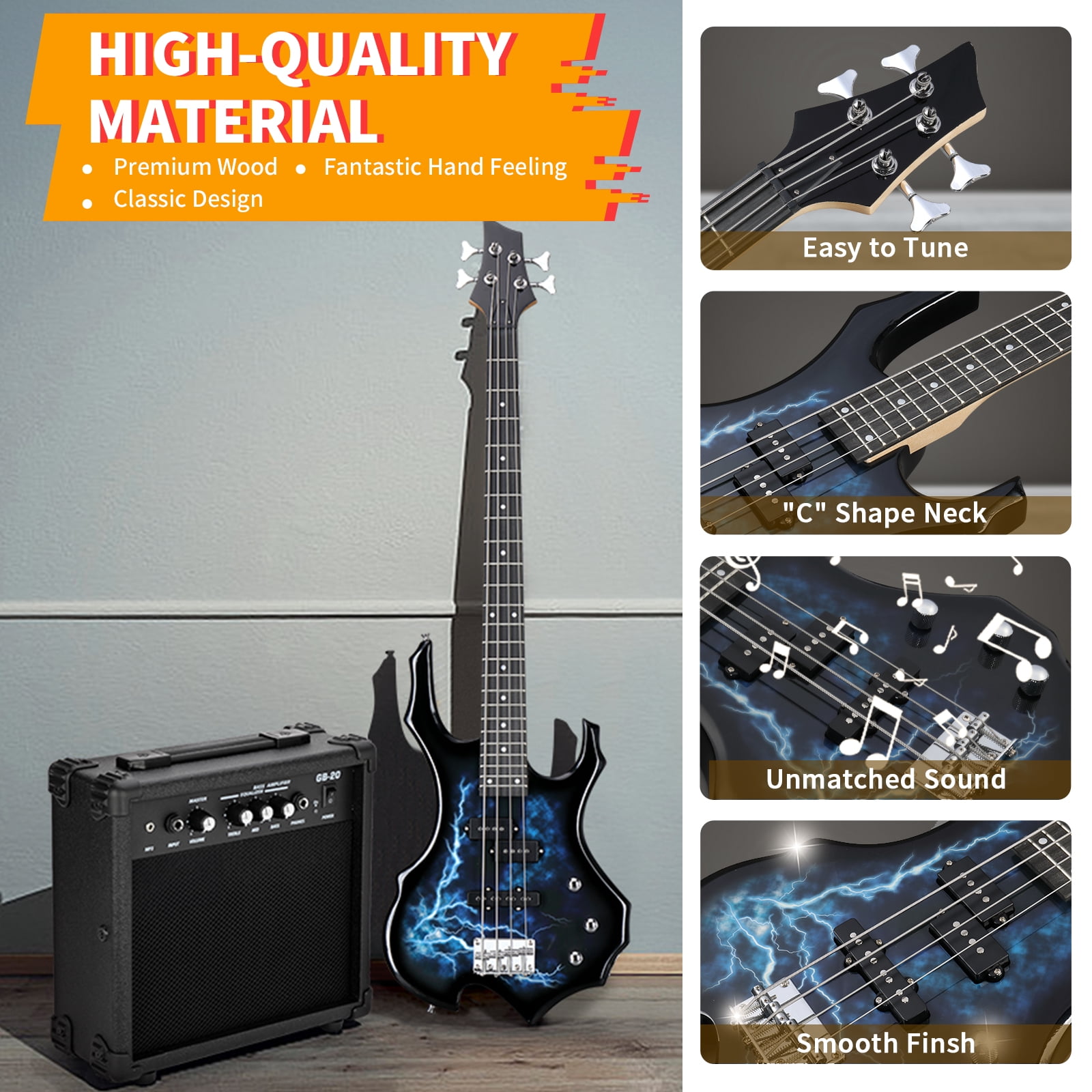 Glarry Full Size 4 String Electric Bass Guitar Burning Fire Tiger Stripe with SS Pickups and Amp, Blue