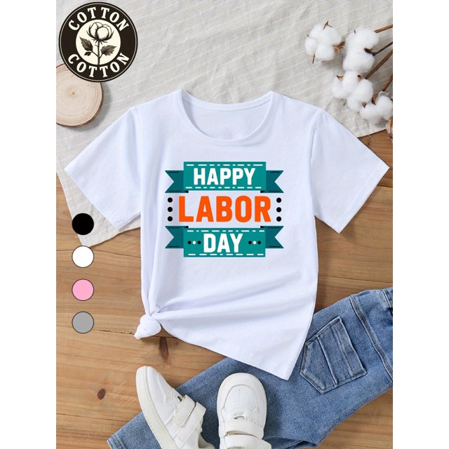 Kids' 100% Cotton Labor Graphic T-Shirt - Cute Cartoon Print Short Sleeve Tee, Machine Washable Round Neck Top for School Events & Daily Wear - Gift for Boys & Girls, Festive Children's Clothing