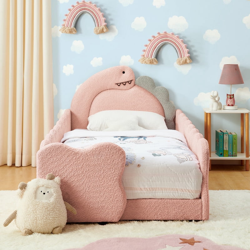 Twin Size Upholstered Platform Bed with Dinosaur Shaped Headboard, Boucle Fabric Kids Bed with Slats Support, Space-Saving Daybed for Girl, Boy, Teenager