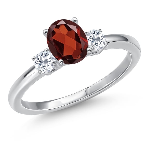Gem Stone King 14K White Gold Red Garnet and White Topaz Engagement Ring for Women | 1.15 Cttw | Oval 7X5MM | Gemstone January Birthstone | Size 7