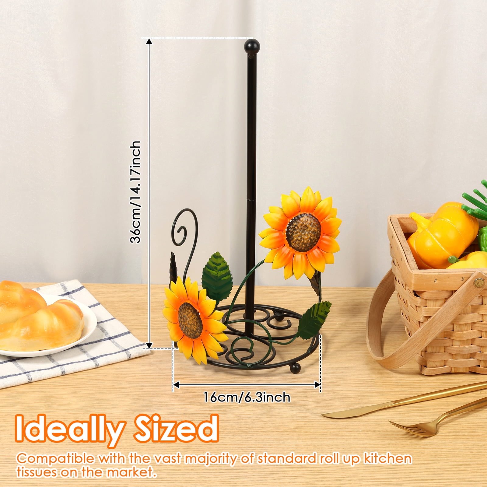 OKYMOTOR Sunflower Paper Towel Holder for Countertop, Heavy-Duty Iron with Weighted Base, Snag-Free Kitchen Decor, Fits Jumbo Rolls