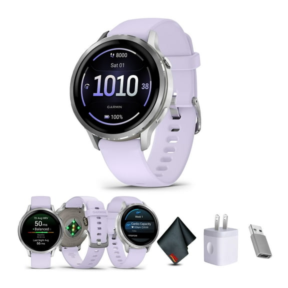 Garmin Venu 4, 41mm, Advanced Fitness Tracker GPS Smartwatch,  1.2" AMOLED Display, Built-in Flashlight, 10 Days of Battery Life, Silver with Periwinkle Silicone Band (Watch Bundle)