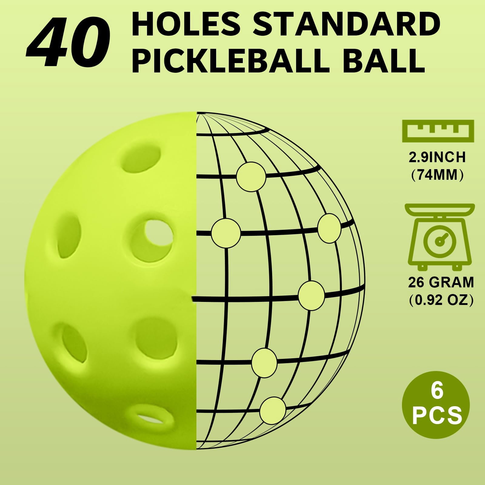 SIISLL 6-Pack Premium Pickleball Balls – 40-Hole Design for Indoor & Outdoor Play, Tournament-Grade Pickleballs with Carry Bag, High Bounce, True Flight & Perfect Balance.