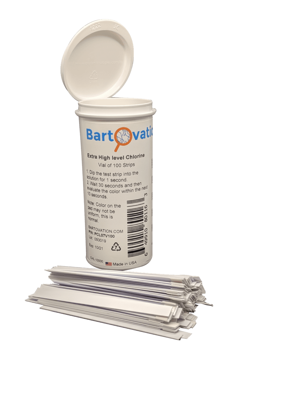 Bartovation Extra High-Level Chlorine Test Strips, 0-10,000 ppm, Vial of 100