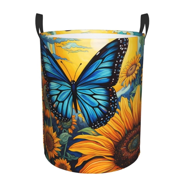 Balery Colorful Cloud Butterfly Sunflower Cesta de ropa redonda con asas, impermeable, independiente, para ropa, juguetes, dormitorio y familia-Medium
